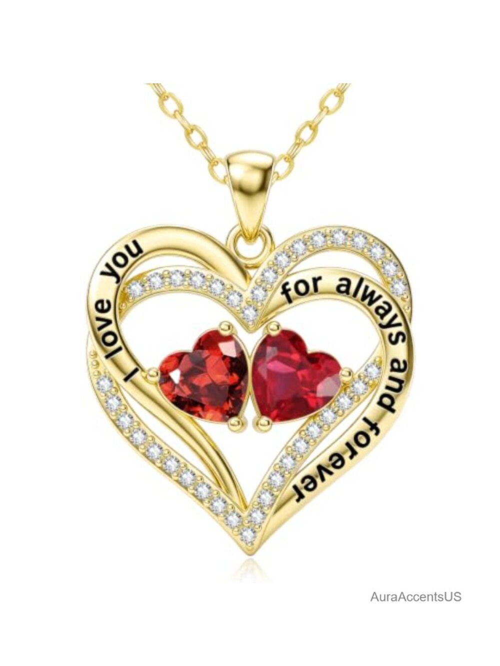 14K Gold Double Heart Birthstone Pendant Necklace Adjustable 18+2"